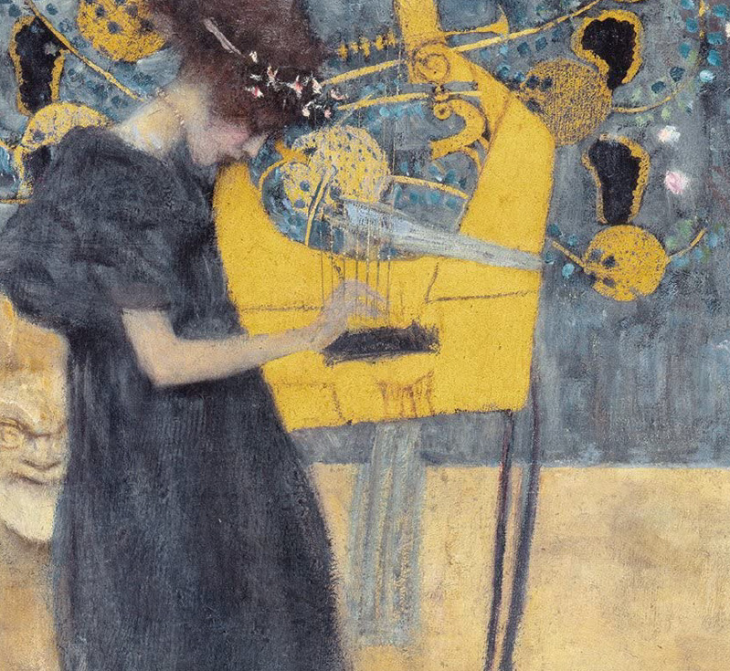 Painting of a woman playing a yellow harp